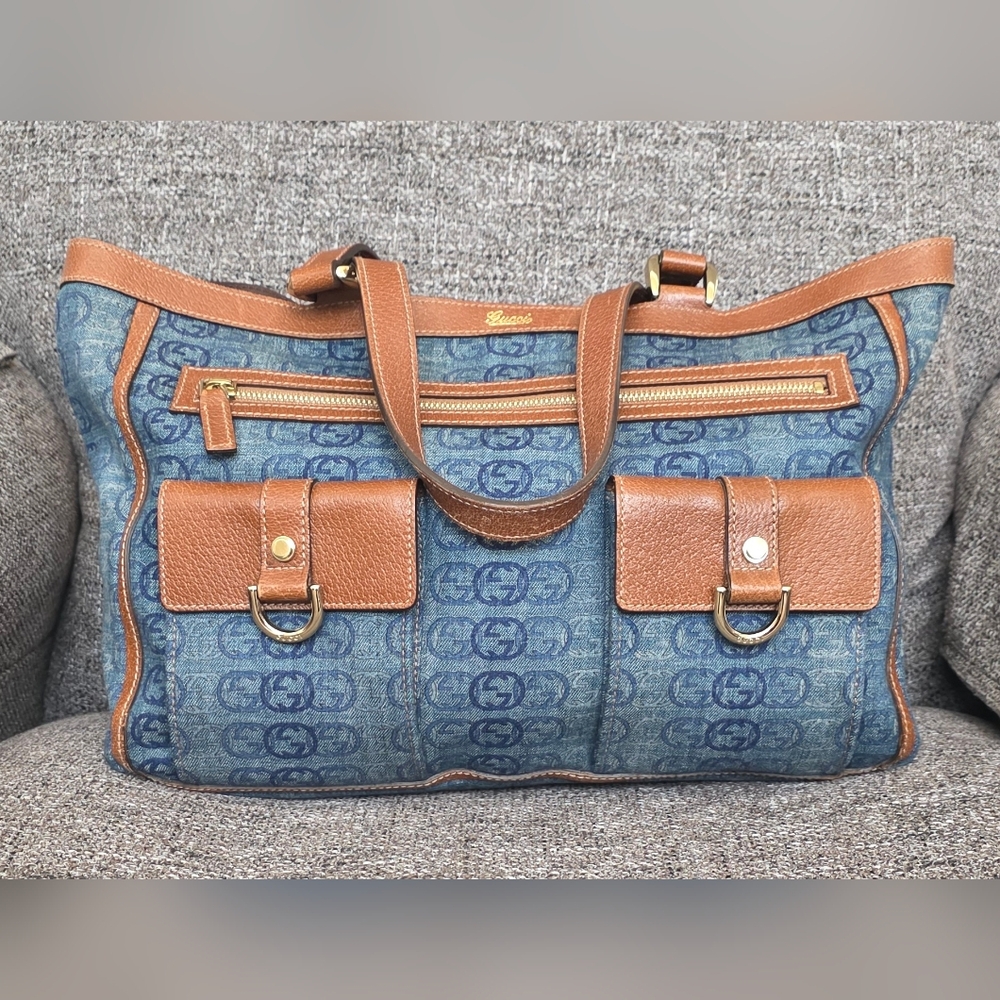 Gucci Abby Denim And Leather Trim Tote With COA